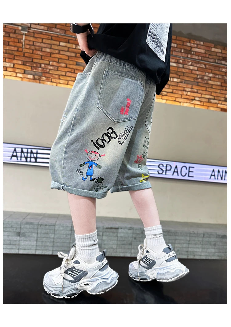 Boys Graffiti Drawing Denim Shorts Casual Ripped