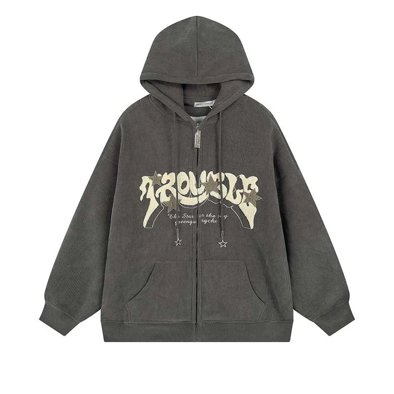 Retro Embroidered Letter Loose Hooded Sweatshirts