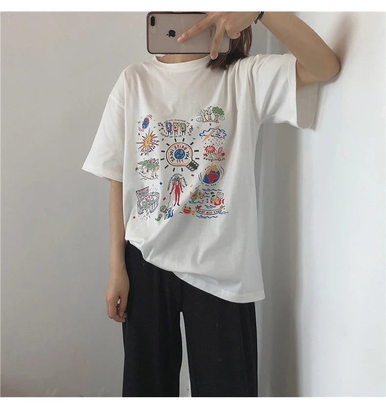Loose Summer Cartoon Graphic Cotton Shirt