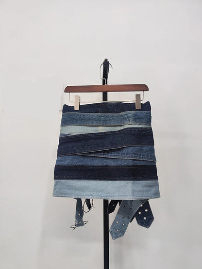 Fashion Denim Skirt Belt Waist Washed Metal Hole