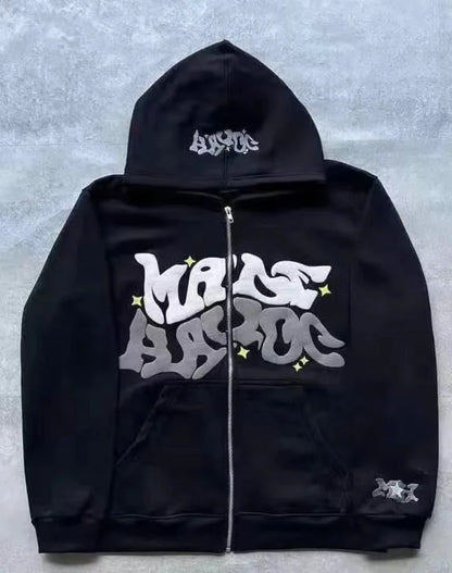 American Retro Star and Letter Printed Zipper Hoodies