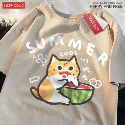 Eating Melons Cats Funny Oversized Tee
