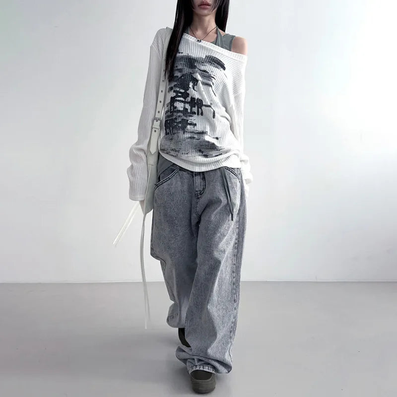 Vintage Streetwear Grunge Skew Collar Tops