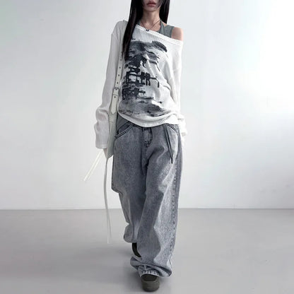Vintage Streetwear Grunge Skew Collar Tops