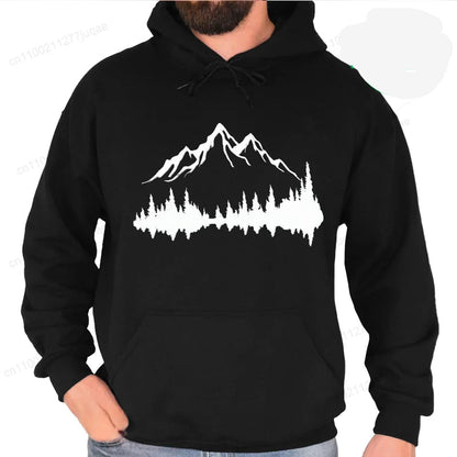 Sporty Streetwear Mountains Graphic Pullover Hoodie