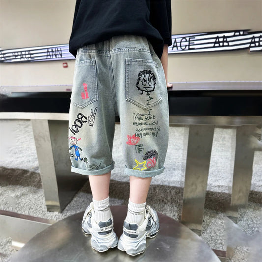Boys Graffiti Drawing Denim Shorts Casual Ripped