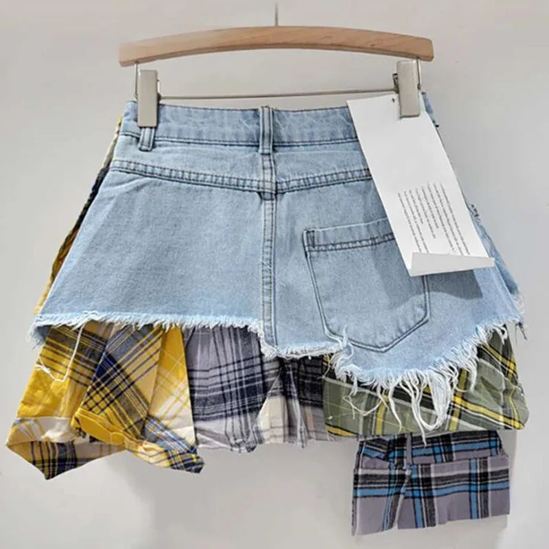 American Retro Streetwear Plaid Patchwork Skirt