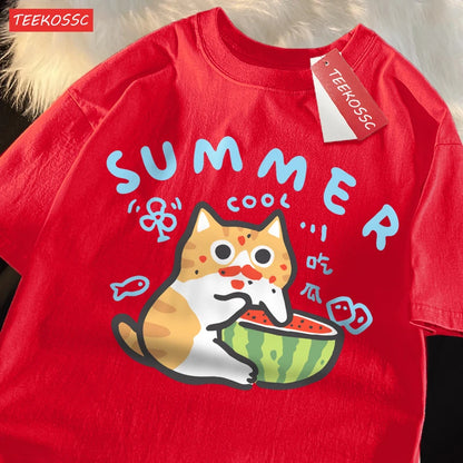 Eating Melons Cats Funny Oversized Tee