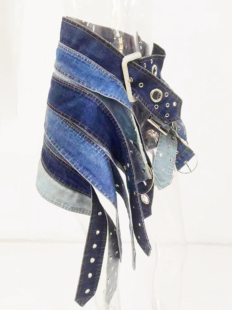 Fashion Denim Skirt Belt Waist Washed Metal Hole