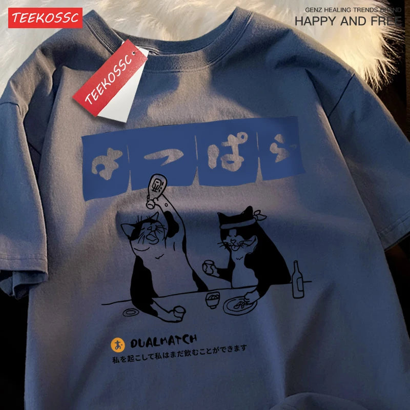 Harajuku Japanese Cat Drinking Graphic Tee