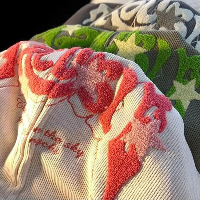 Retro Embroidered Letter Loose Hooded Sweatshirts
