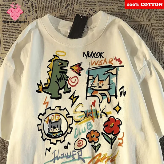 100% Cotton Cartoon Graffiti Print T-Shirt Casual