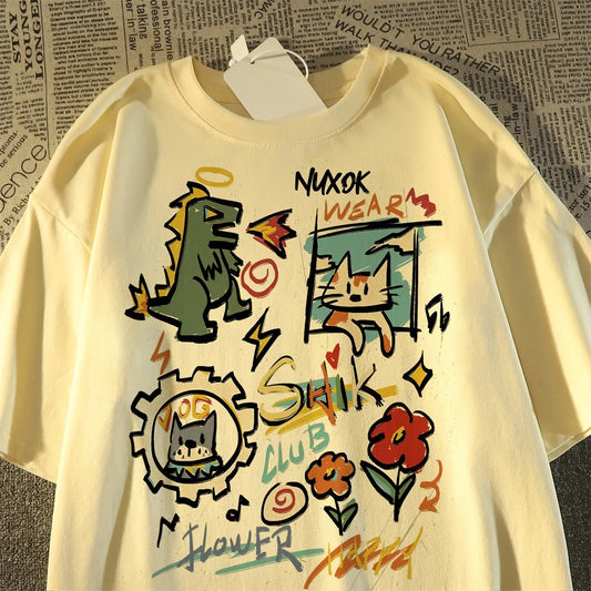 100% Cotton Cartoon Graffiti Print T-Shirt Casual
