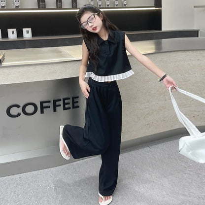 Ruffled Patchwork Sleeveless Top Pants 2pcs
