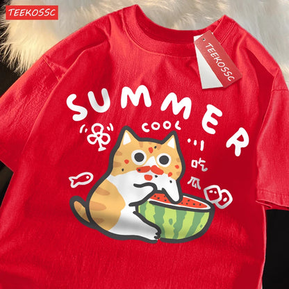 Eating Melons Cats Funny Oversized Tee