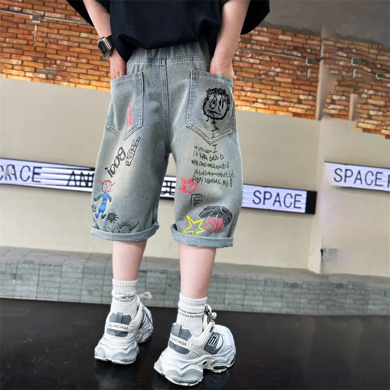 Boys Graffiti Drawing Denim Shorts Casual Ripped