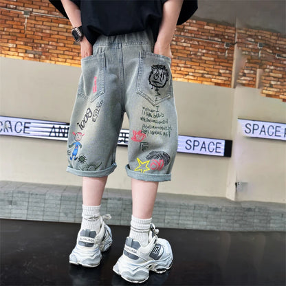 Boys Graffiti Drawing Denim Shorts Casual Ripped