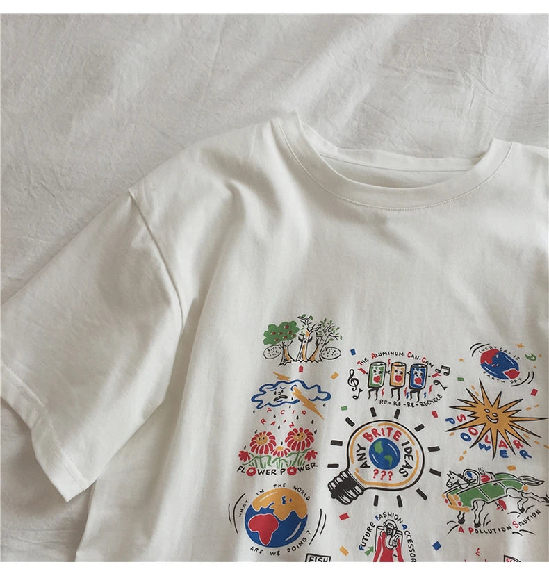 Loose Summer Cartoon Graphic Cotton Shirt