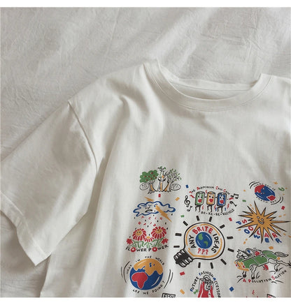 Loose Summer Cartoon Graphic Cotton Shirt