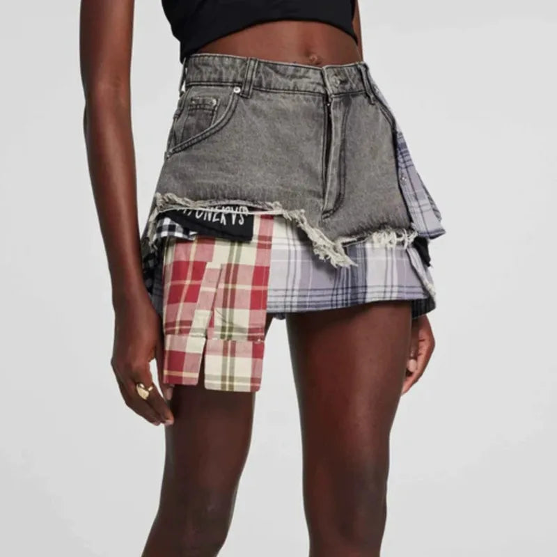 American Retro Streetwear Plaid Patchwork Skirt