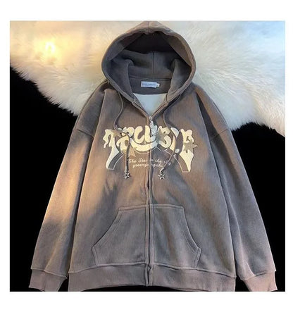 Retro Embroidered Letter Loose Hooded Sweatshirts