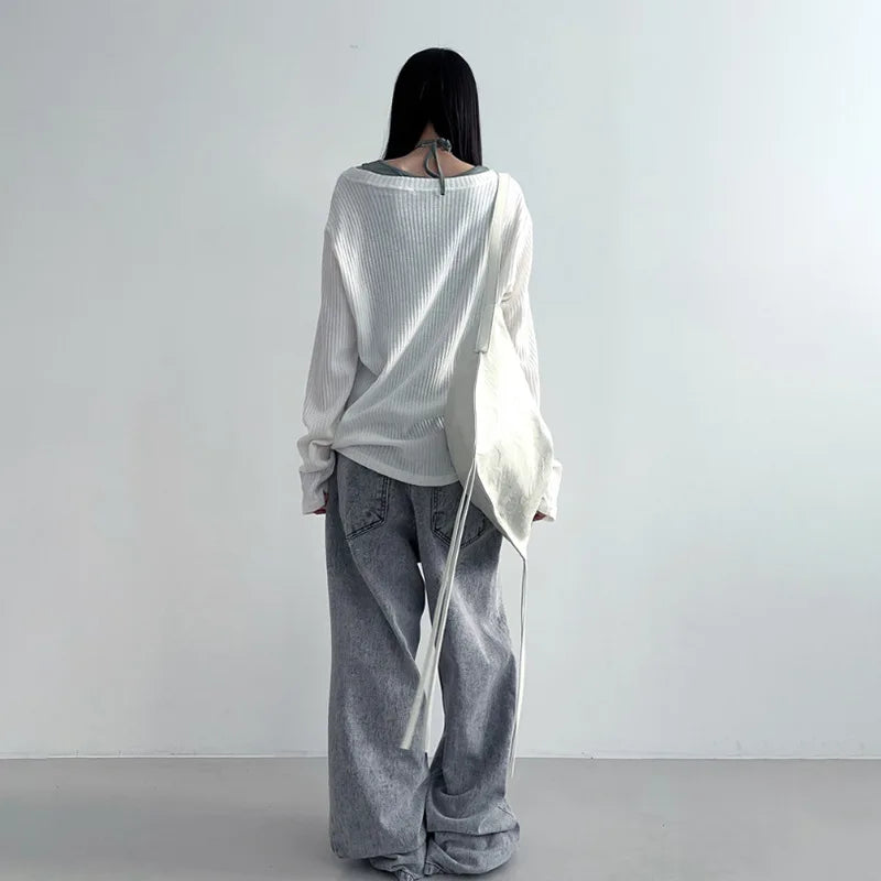 Vintage Streetwear Grunge Skew Collar Tops