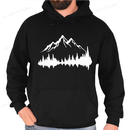 Sporty Streetwear Mountains Graphic Pullover Hoodie