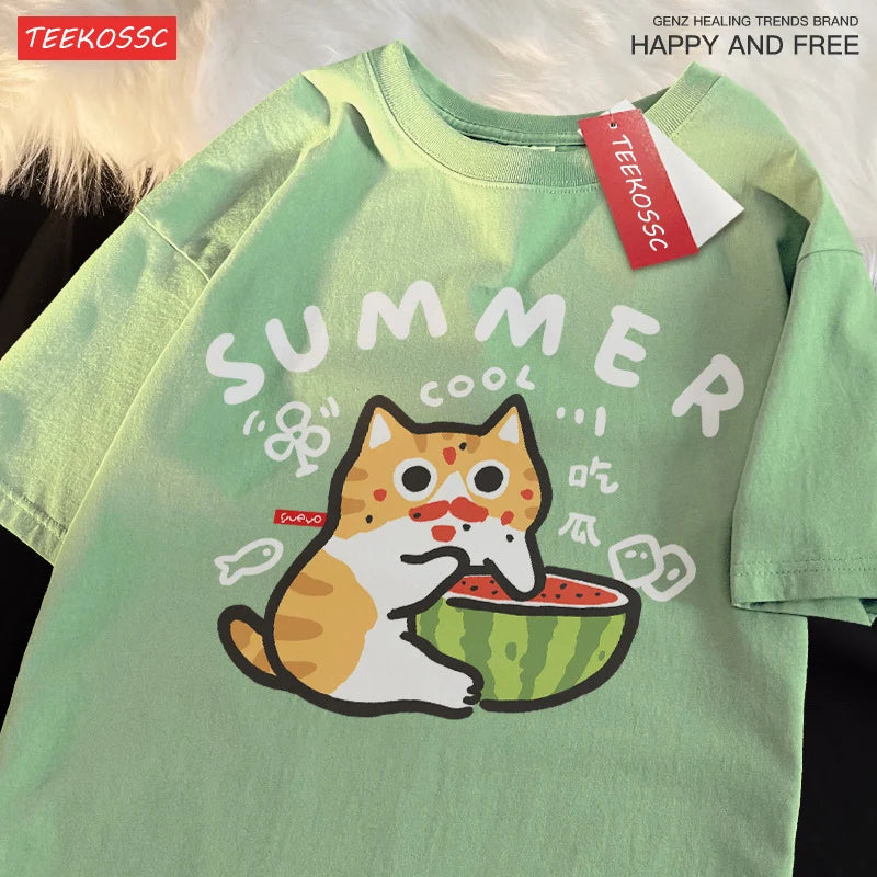 Eating Melons Cats Funny Oversized Tee