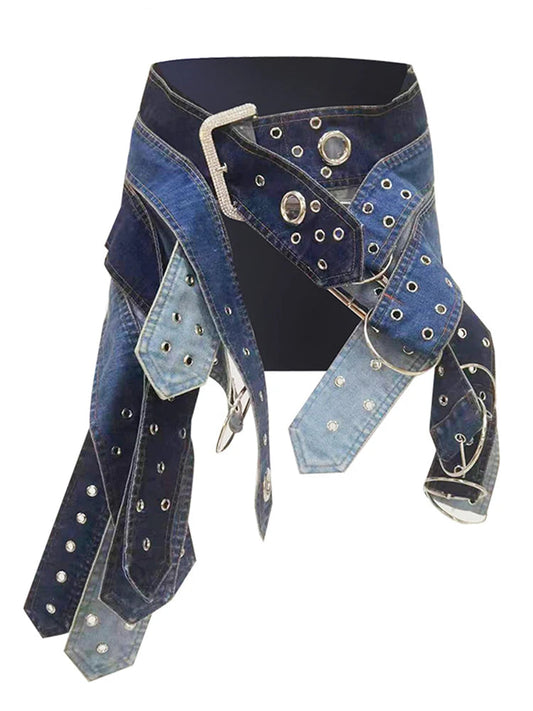 Fashion Denim Skirt Belt Waist Washed Metal Hole