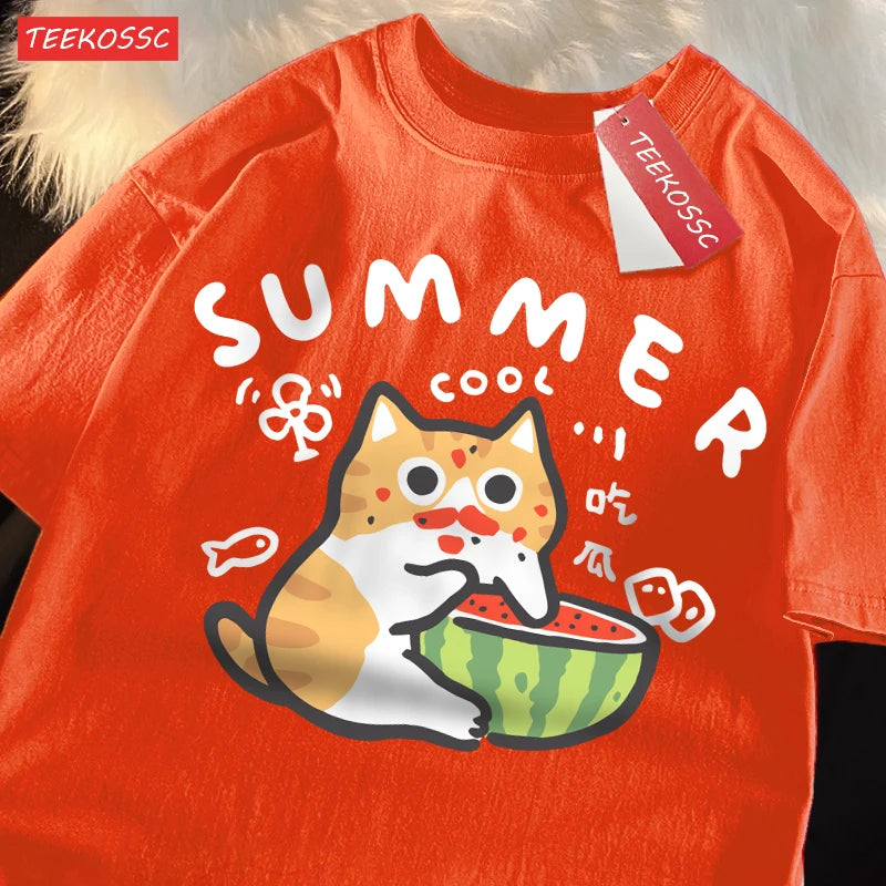 Eating Melons Cats Funny Oversized Tee