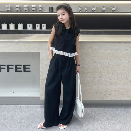 Ruffled Patchwork Sleeveless Top Pants 2pcs