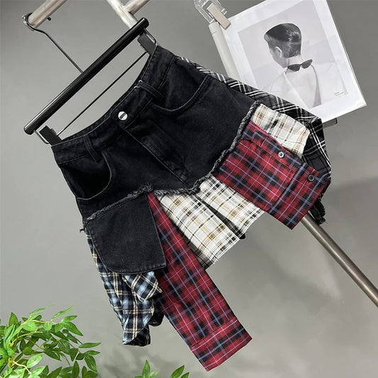 Patchwork Plaid Skirts Denim Short High Waist Wrapped