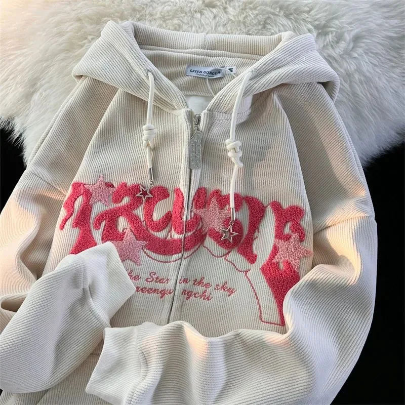 Retro Embroidered Letter Loose Hooded Sweatshirts