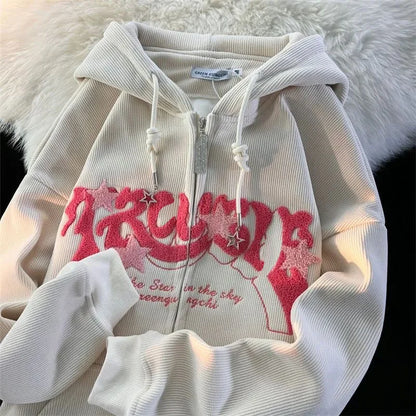 Retro Embroidered Letter Loose Hooded Sweatshirts