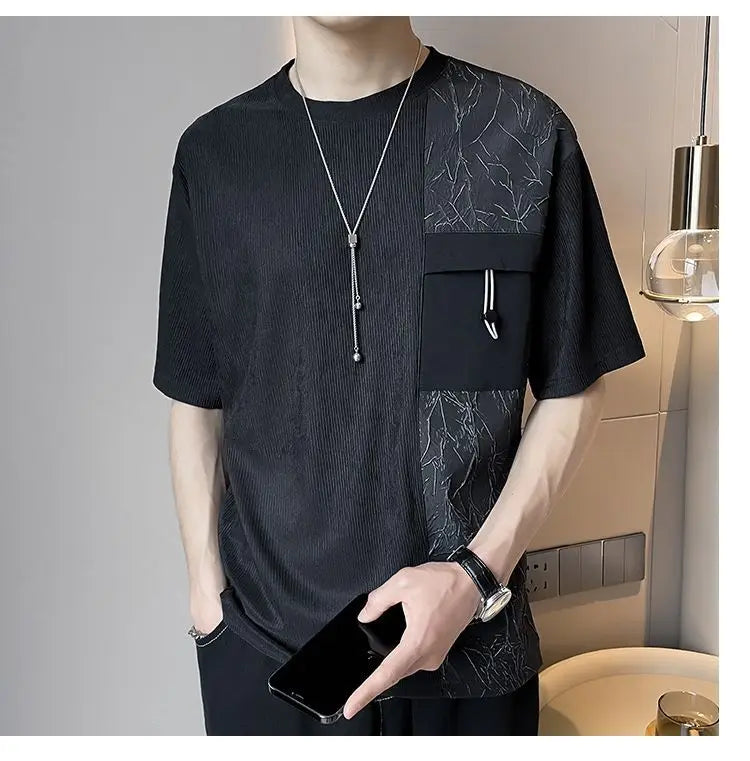 Stylish Round Neck T-Shirt Patchwork Design