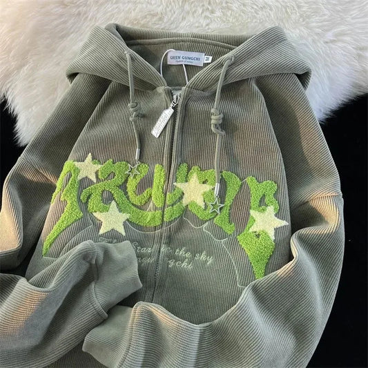 Retro Embroidered Letter Loose Hooded Sweatshirts