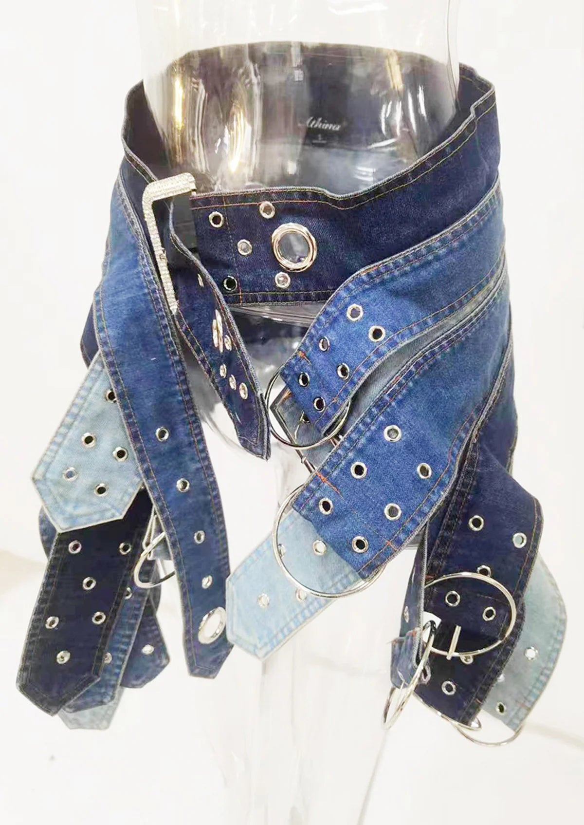 Fashion Denim Skirt Belt Waist Washed Metal Hole
