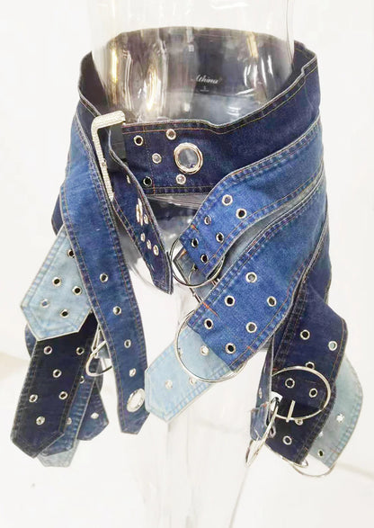 Fashion Denim Skirt Belt Waist Washed Metal Hole