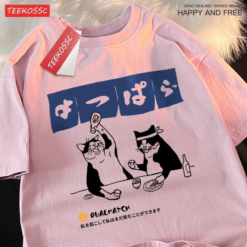 Harajuku Japanese Cat Drinking Graphic Tee