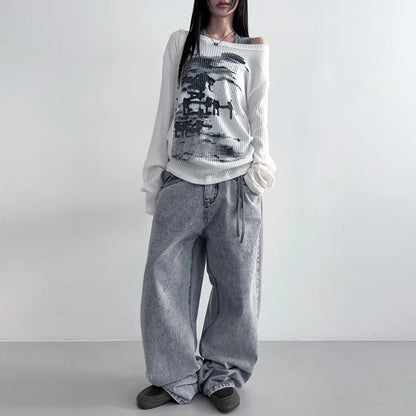 Vintage Streetwear Grunge Skew Collar Tops