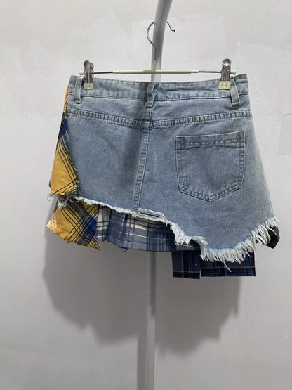 American Retro Streetwear Plaid Patchwork Skirt