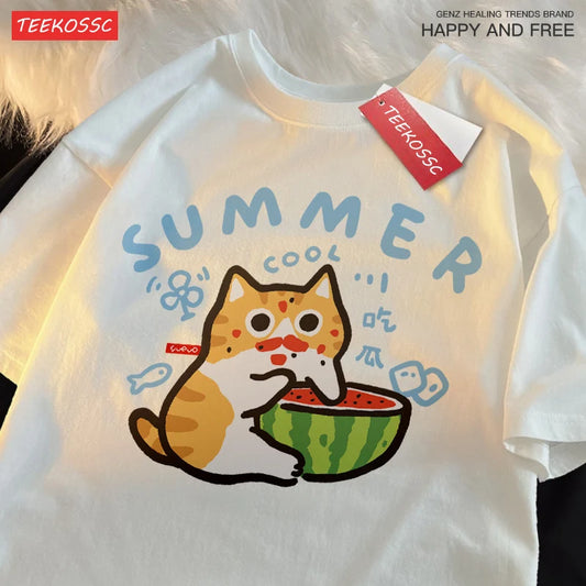 Eating Melons Cats Funny Oversized Tee