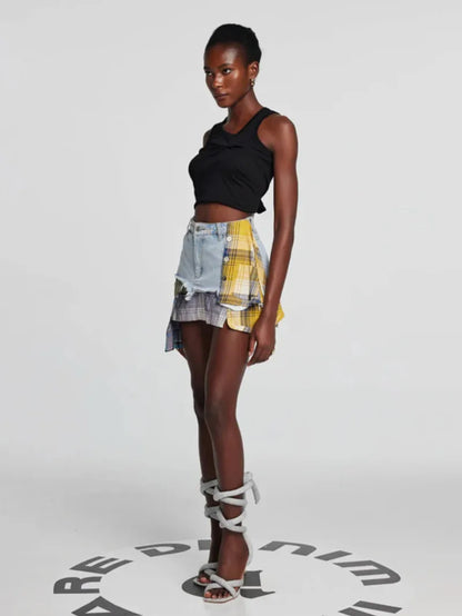 American Retro Streetwear Plaid Patchwork Skirt
