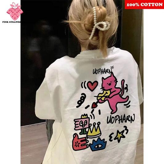 Women’s Cute Cartoon Print Cotton T-Shirt