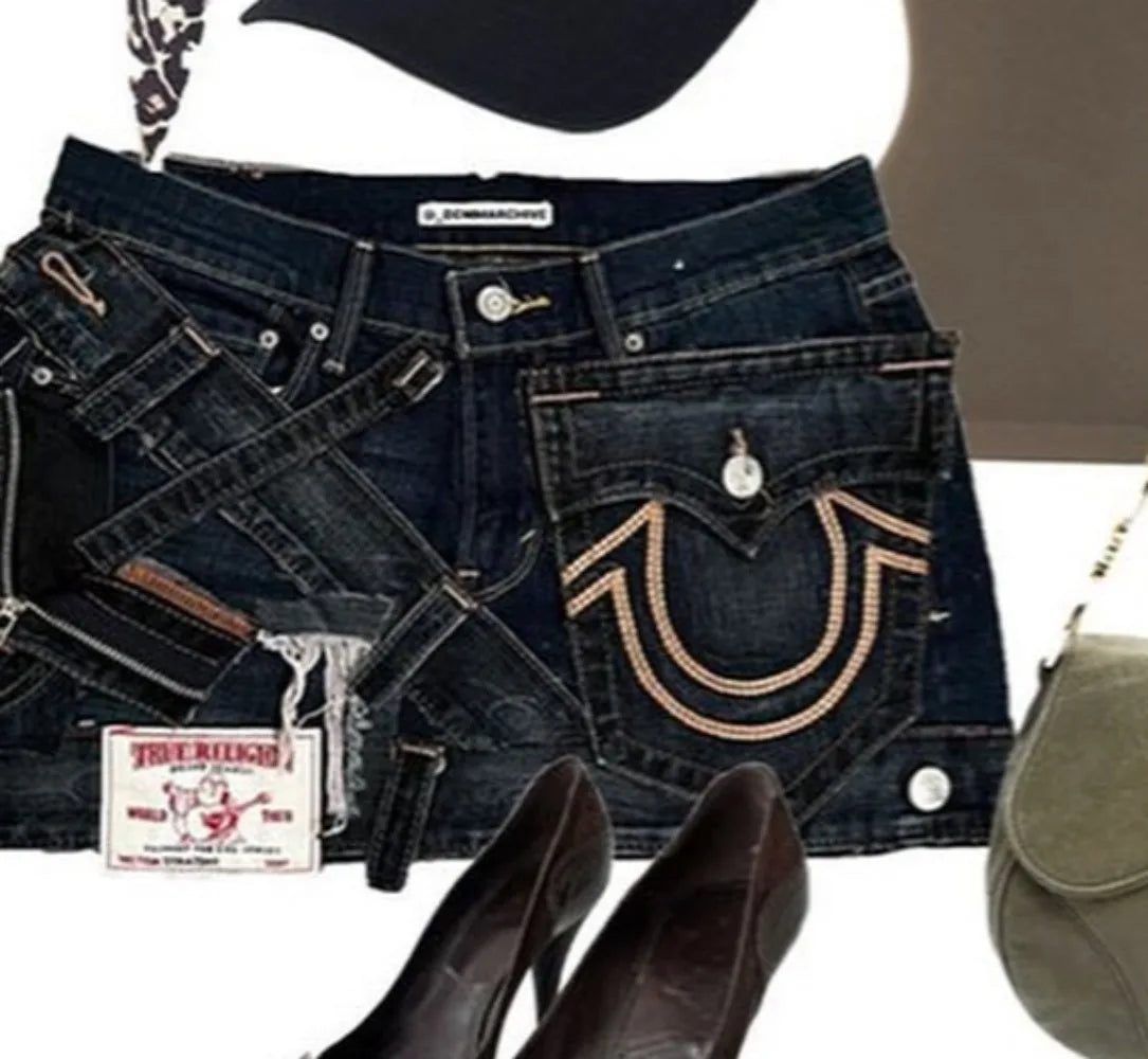 High Waisted Retro Patchwork Zipper Denim Skirt