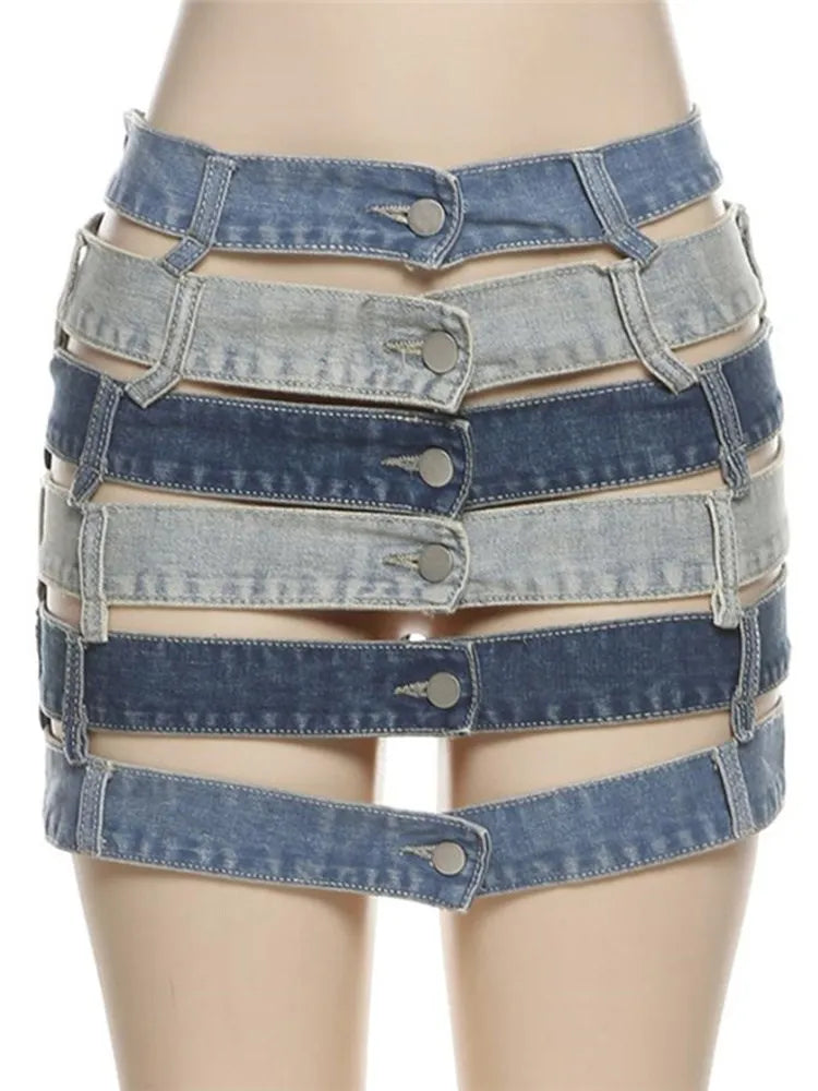 Denim Skirts High Waist Patchwork Buttons
