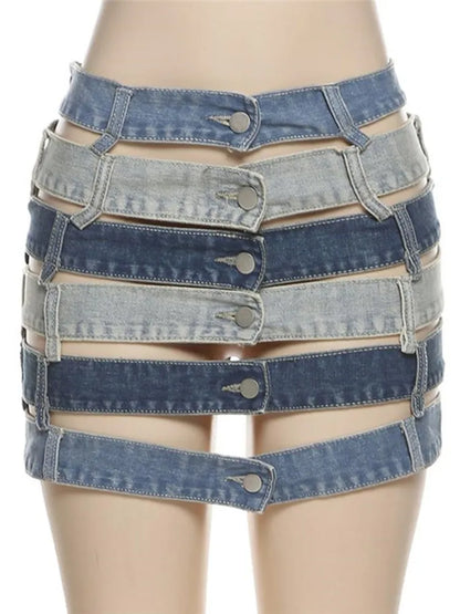 Denim Skirts High Waist Patchwork Buttons