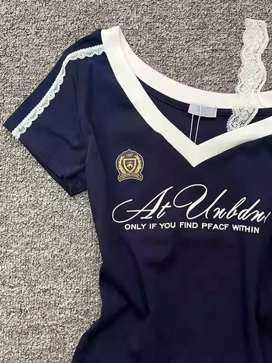 Waist Splicing Lace Strap Short Sleeve T-Shirt