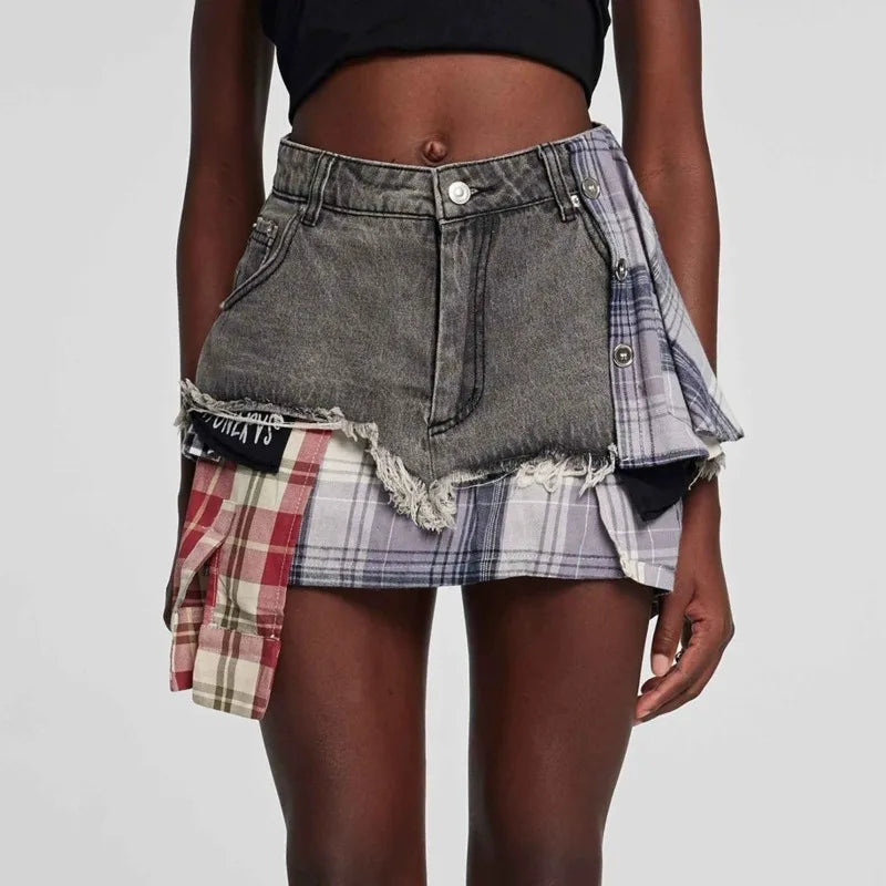American Retro Streetwear Plaid Patchwork Skirt