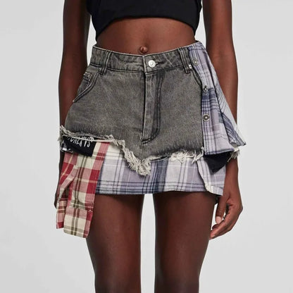 American Retro Streetwear Plaid Patchwork Skirt